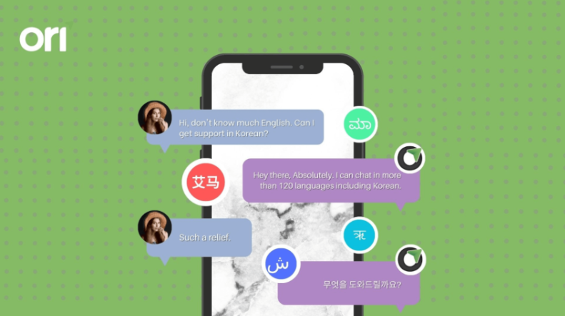 A multilingual conversation between an AI chat assistant and a customer taking place.