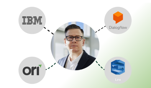 Image showing a business leader considering the best choice among various conversational AI solution providers which includes Ori, Amzon Lex, Dialogflow, and IBM.